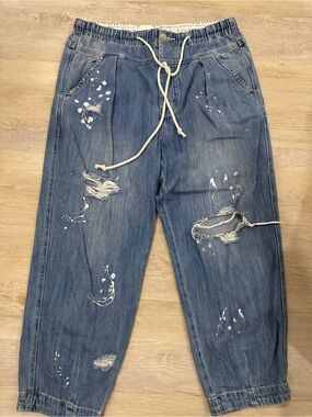 Free People Blue Distressed Relaxed Denim Joggers